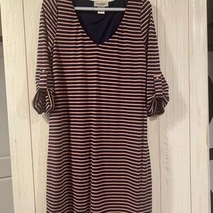 ISH Striped Long Sleeve Dress in Navy and Pink